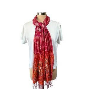 Tolani 100% Pure Silk Scarf Pink Orange Paisley Embroidered Sequin Beaded Fringe